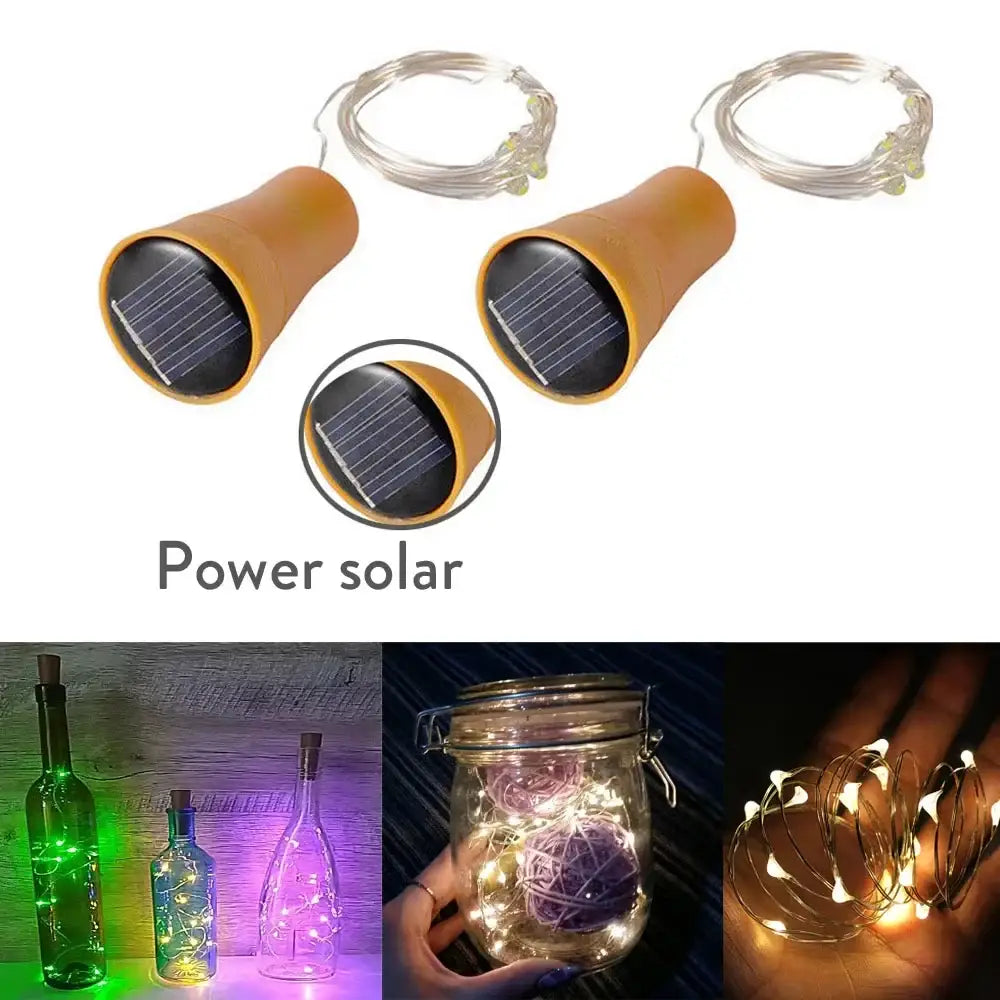 Set of three brown solar wine bottle led string lights with flexible wire for decorative use in jars or bottles