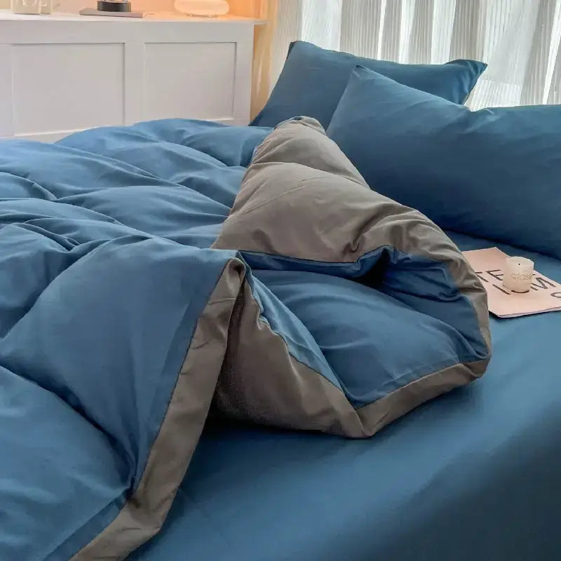 Blue and gray two-tone solid color duvet cover in soft brush fabric from decorbites plush bedding set 4 pieces