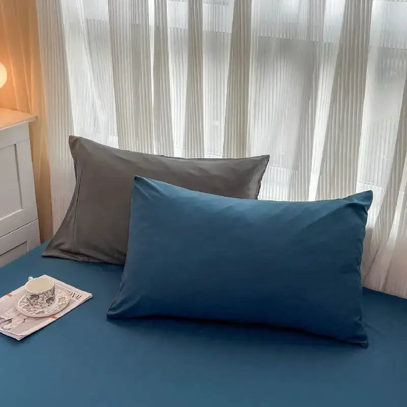 Blue satin pillowcase with smooth glossy finish from decorbites™ solid color brush fabric bedding set 4 pieces