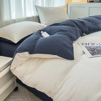 Navy blue and cream two-tone quilted duvet cover set made of solid color brush fabric by DecorBites 4 pieces