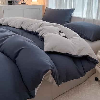 Navy and gray two-tone quilted duvet cover set in solid color brush fabric from DecorBites 4-piece bedding set