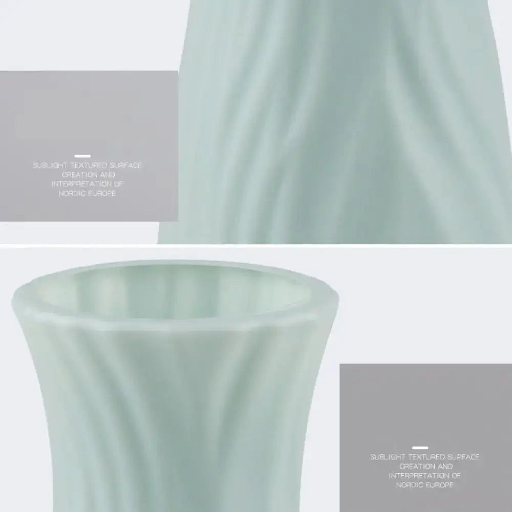 Decorbites™ solid color plastic flower vase in pale green with a fluted textured surface and wide curved opening