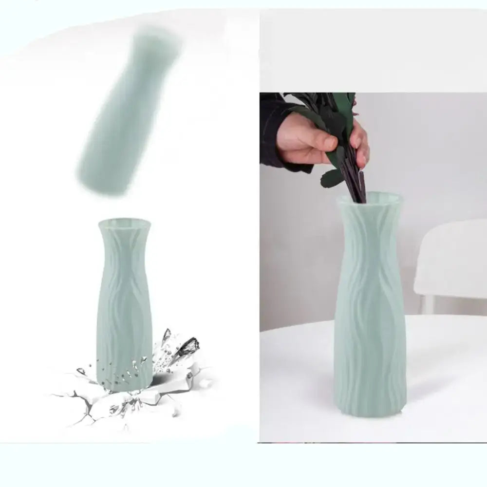 A sleek light green solid color plastic flower vase with wavy textured surface for home decor by DecorBites™