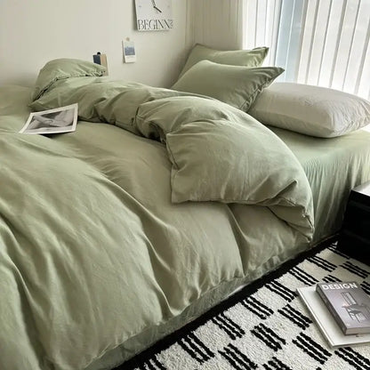 Soft sage green solid cotton bedding set with linen duvet cover and matching pillows from decorbites in various sizes