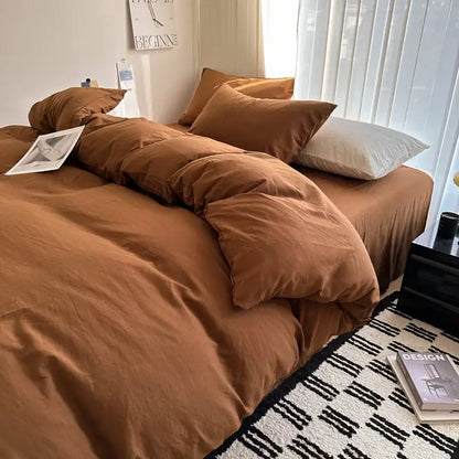DecorBites™ solid cotton bedding set in warm brown featuring a duvet cover and matching pillows with soft fabric