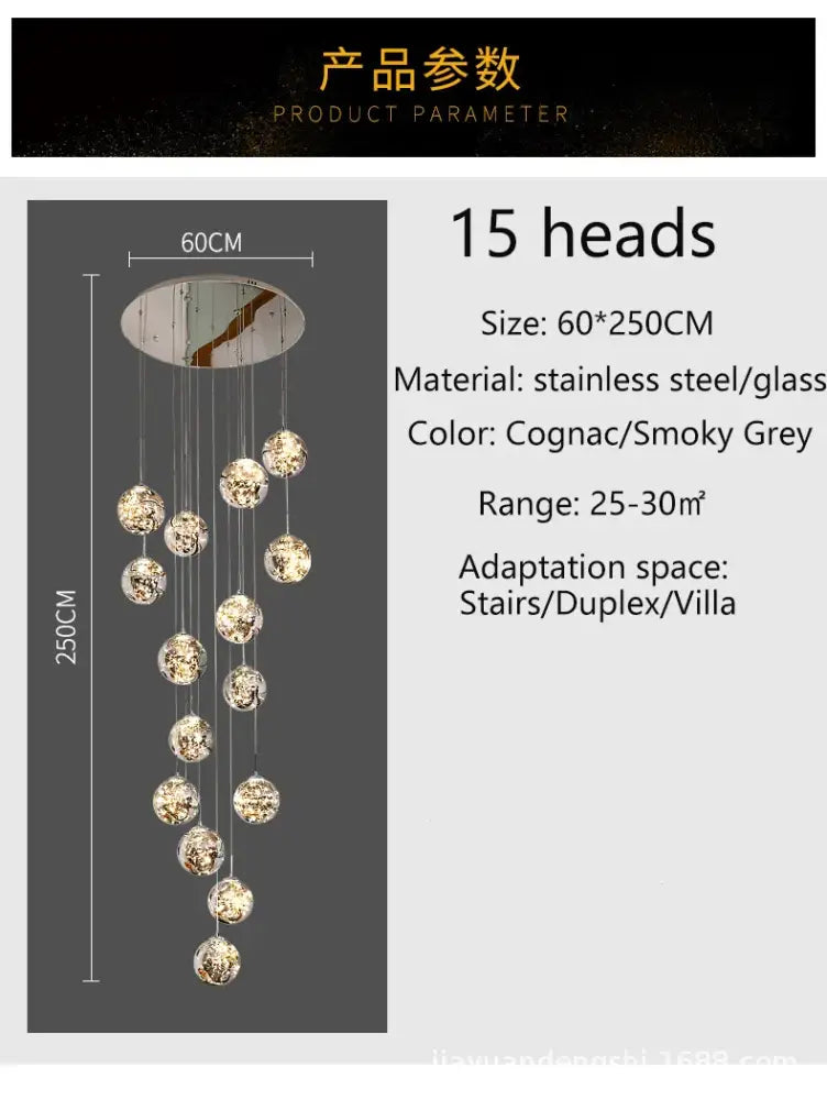 Elegant 15-head crystal ball chandelier with cognac and smoky grey glass globes crafted from stainless steel decorbites