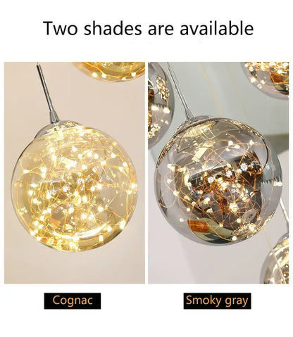 Decorbites™ spiral crystal ball chandelier light featuring cognac and smoky gray glass orbs with embedded fairy lights