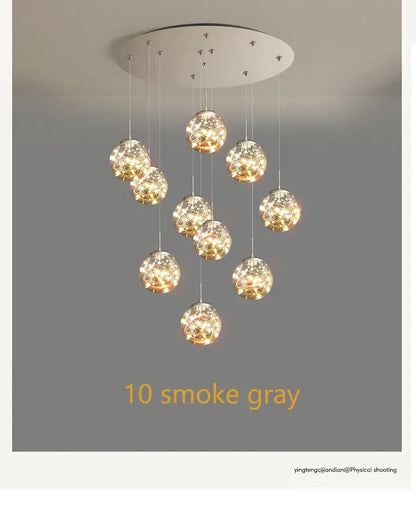 DecorBites™ spiral crystal ball chandelier with ten smoke gray glass globes suspended from circular mount