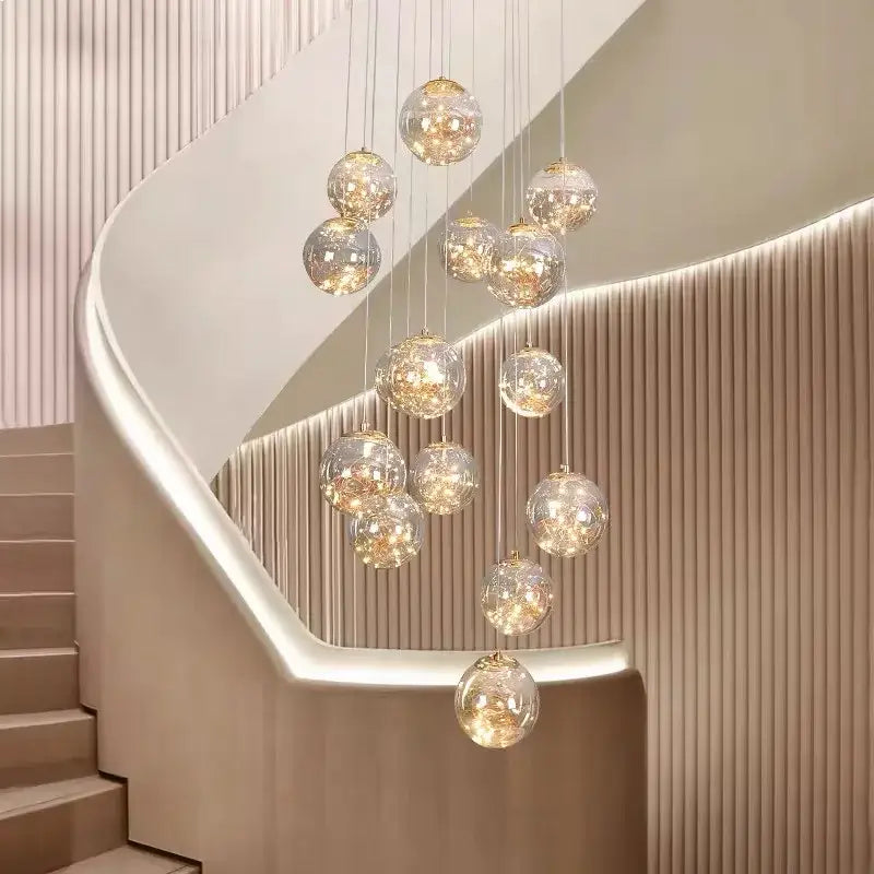 DecorBites™ spiral crystal ball chandelier light with clear glass spheres and warm golden interior lighting free shipping