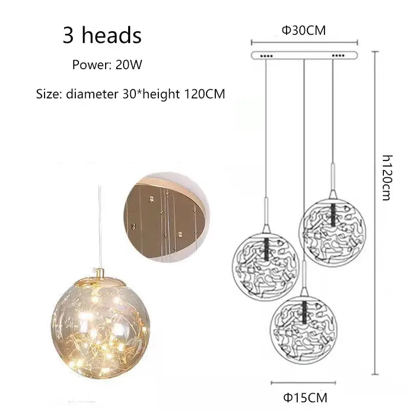 Modern DecorBites™ spiral crystal ball chandelier light with three spherical glass globes and warm led lighting