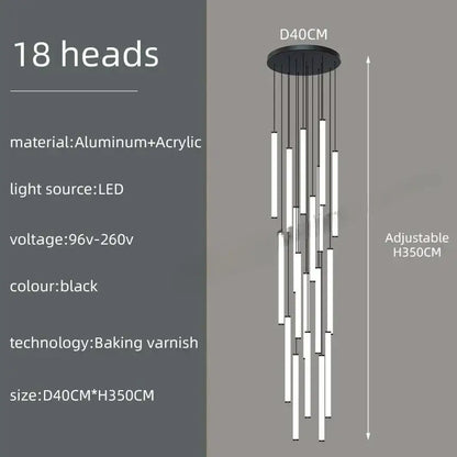 DecorBites™ spiral led ceiling chandelier with 18 black led rods suspended from circular aluminum base for home decor