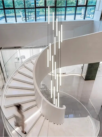 Modern white spiral led ceiling chandelier with glass railings designed for elegant home decor spaces