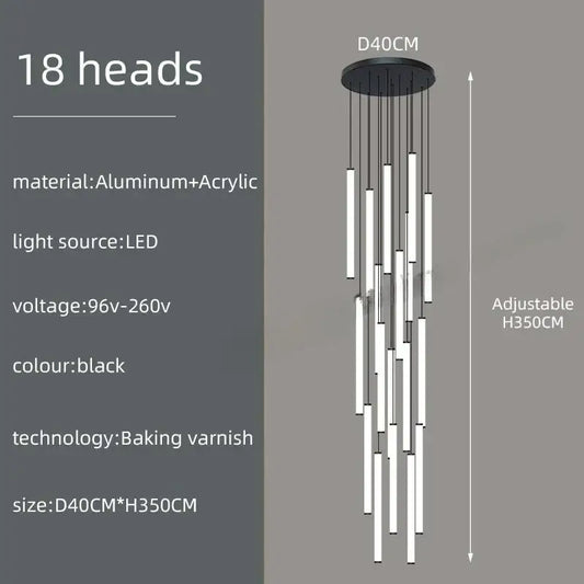 Black modern ceiling chandelier led with 18 slender vertical rods suspended from circular aluminum base by DecorBites™