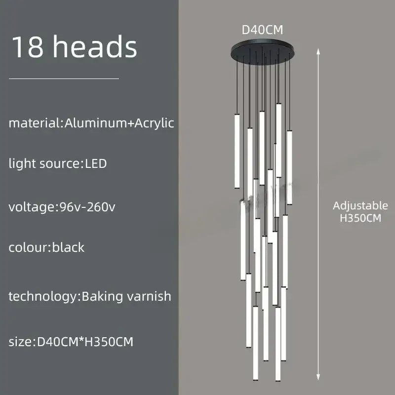 Black modern ceiling chandelier led with 18 slender vertical rods suspended from circular aluminum base by DecorBites™