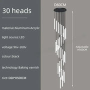 DecorBites™ spiral led chandelier black aluminum and acrylic with 30 slender vertical led light heads for modern home