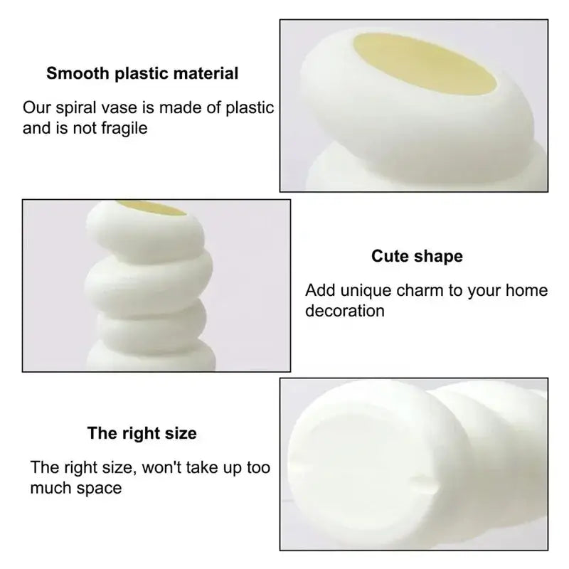 Decorbites™ spiral white vase made of plastic with a smooth rounded design and subtle yellow interior for home decoration