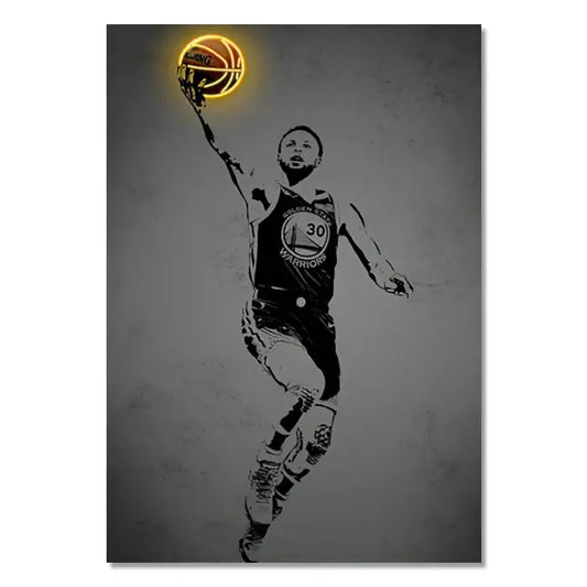 Stylized black and white neon style wall art canvas featuring a basketball player with glowing orange ball and Warriors 30 jersey