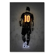 A stylized neon-lit soccer player wall art print featuring ibrahimovic number 10 in orange and blue sports stars neon design