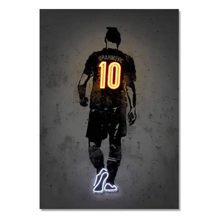A stylized neon-lit soccer player wall art print featuring ibrahimovic number 10 in orange and blue sports stars neon design