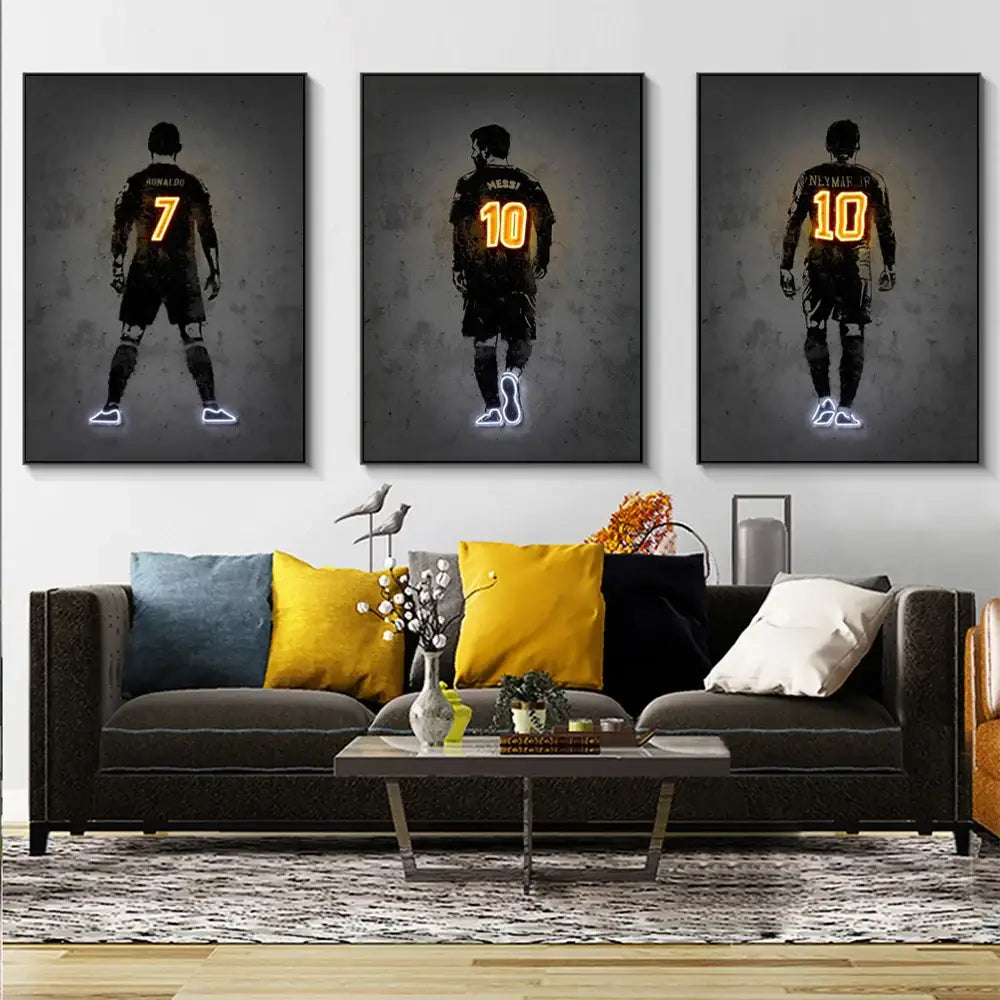 Three framed canvas wall art featuring sports stars neon silhouettes with glowing numbers and names by DecorBites™