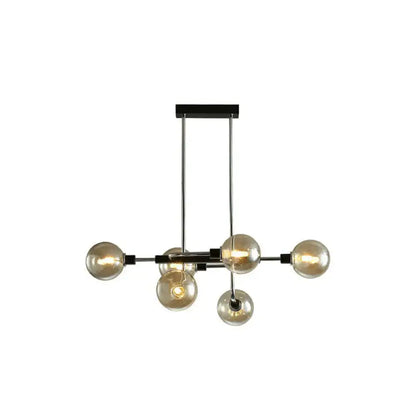 Modern black and chrome sputnik hanging island light with six amber glass globe bulbs for dining room decor