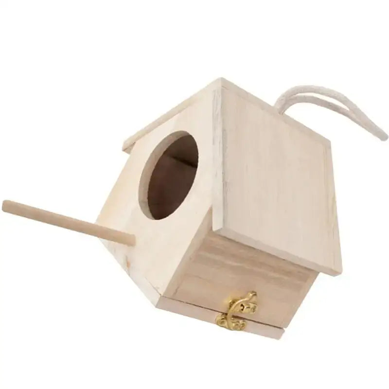 Decorbites™ light wood bird house nesting box with round entrance, small perch, and gold-toned latch feeder squirrel nesting