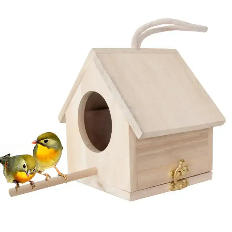 Light-colored wooden bird house with round entrance hole gold-toned latch and rope handle for feeder squirrel nesting