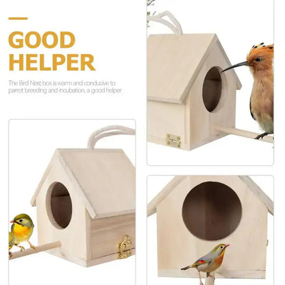 A light-colored wooden nesting box bird house with round entrance and gold-toned latch for feeder squirrel nesting