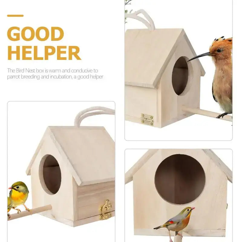 A light-colored wooden nesting box bird house with round entrance and gold-toned latch for feeder squirrel nesting