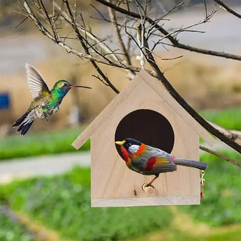 A light-colored wooden bird house nesting box with circular entrance and hanging rope from decorbites squirrel feeder kit