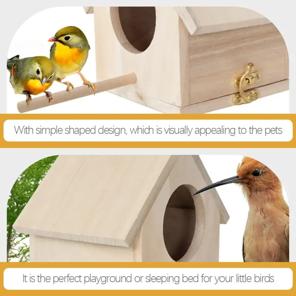 A light-colored wooden DecorBites™ bird house nesting box with a gold-toned latch and circular entrance for feeder squirrel nesting