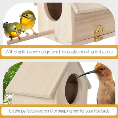 A light-colored wooden DecorBites™ bird house nesting box with a gold-toned latch and circular entrance for feeder squirrel nesting
