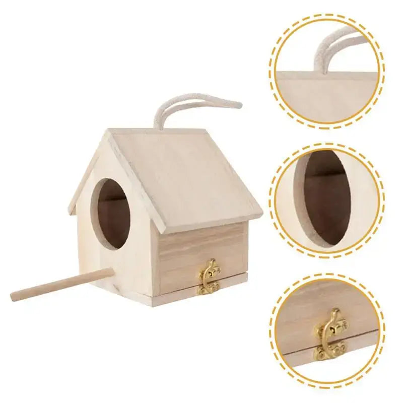 Unpainted wooden bird house nesting box with round entrance hole perch and gold latch in decorbites squirrel feeder kit