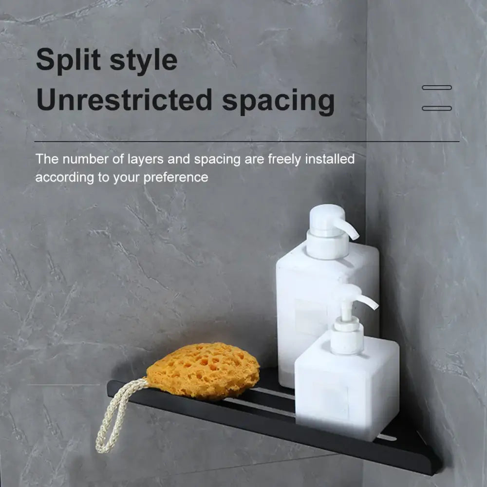 Decorbites™ stainless steel black split-style corner shower shelf organizer holding yellow loofah and white bottles