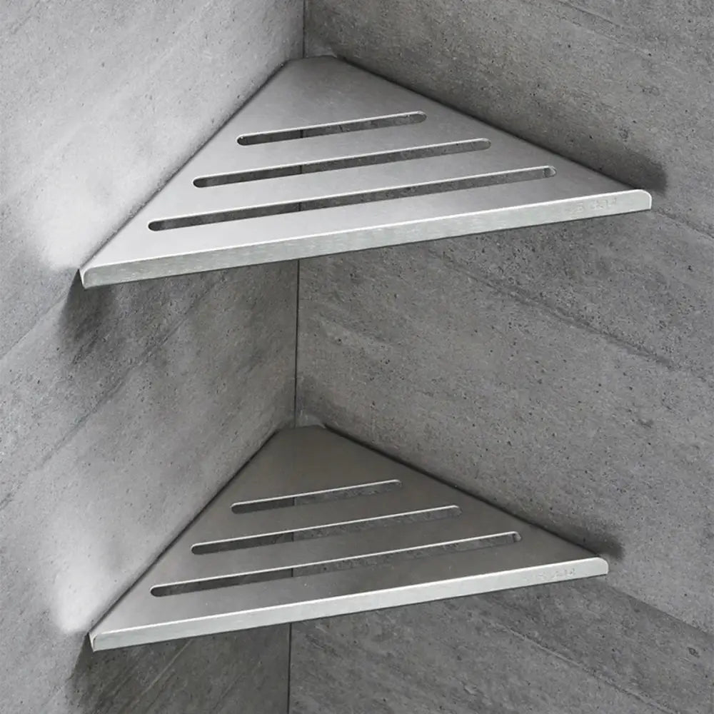 DecorBites stainless steel silver triangular corner shower shelf with horizontal slats and modern design organizer