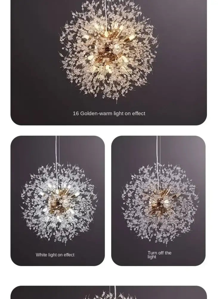 Decorbites™ starry sky crystal pendant light fixture featuring a brass dandelion design with 16 golden-warm lights