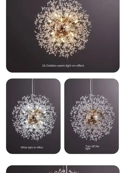 Decorbites™ starry sky crystal pendant light fixture featuring a brass dandelion design with 16 golden-warm lights