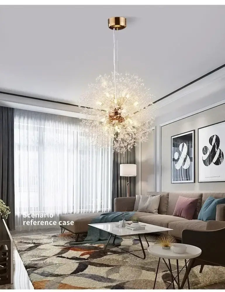 Decorbites starry sky crystal pendant light fixture with delicate golden tones and fluffy crystal-dusted design hanging