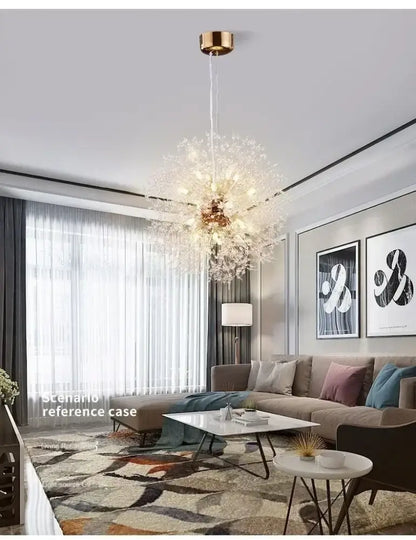 Decorbites starry sky crystal pendant light fixture with delicate golden tones and fluffy crystal-dusted design hanging