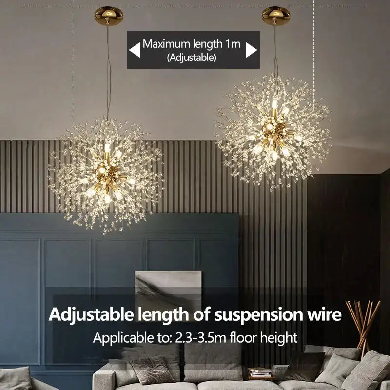 DecorBites starry sky pendant light featuring gold-toned crystal draped spherical pendant with adjustable suspension wires