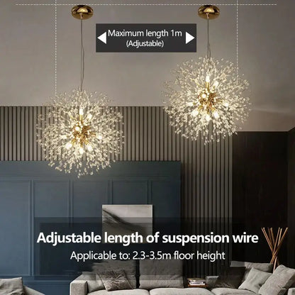 DecorBites starry sky pendant light featuring gold-toned crystal draped spherical pendant with adjustable suspension wires