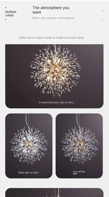 DecorBites starry sky crystal pendant light fixture with gold-toned chandelier and delicate branching crystal arms