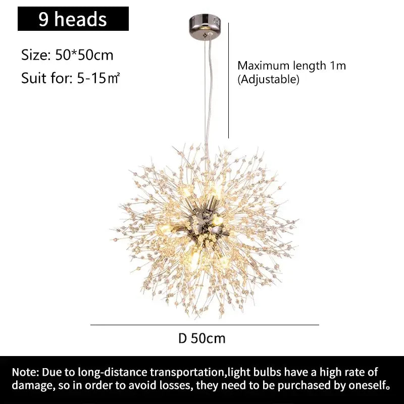 A modern DecorBites starry sky crystal pendant light fixture with nine illuminated spherical heads and a metallic finish