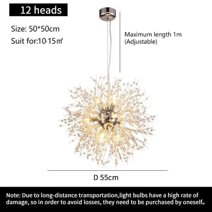 DecorBites starry sky crystal pendant light fixture featuring a sparkling silver 12-light dandelion seed head design