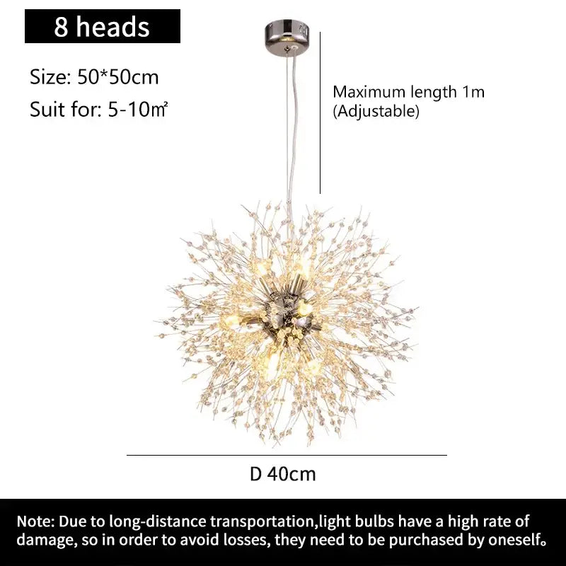 A sparkling silver decorbites starry sky pendant light with eight radiant crystal pendant arms and warm glowing lights