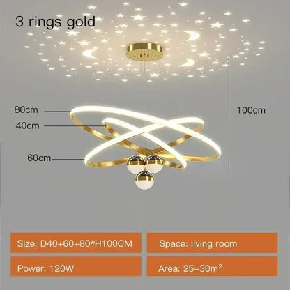 Gold-colored DecorBites™ starry sky led chandelier with three rings and spherical lights for living room ceiling decor