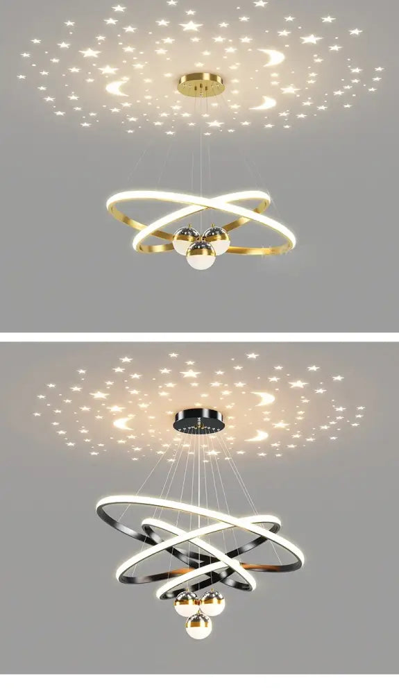 Modern minimalist led chandelier with gold rings and three bulbs projecting starry sky patterns for living room decor