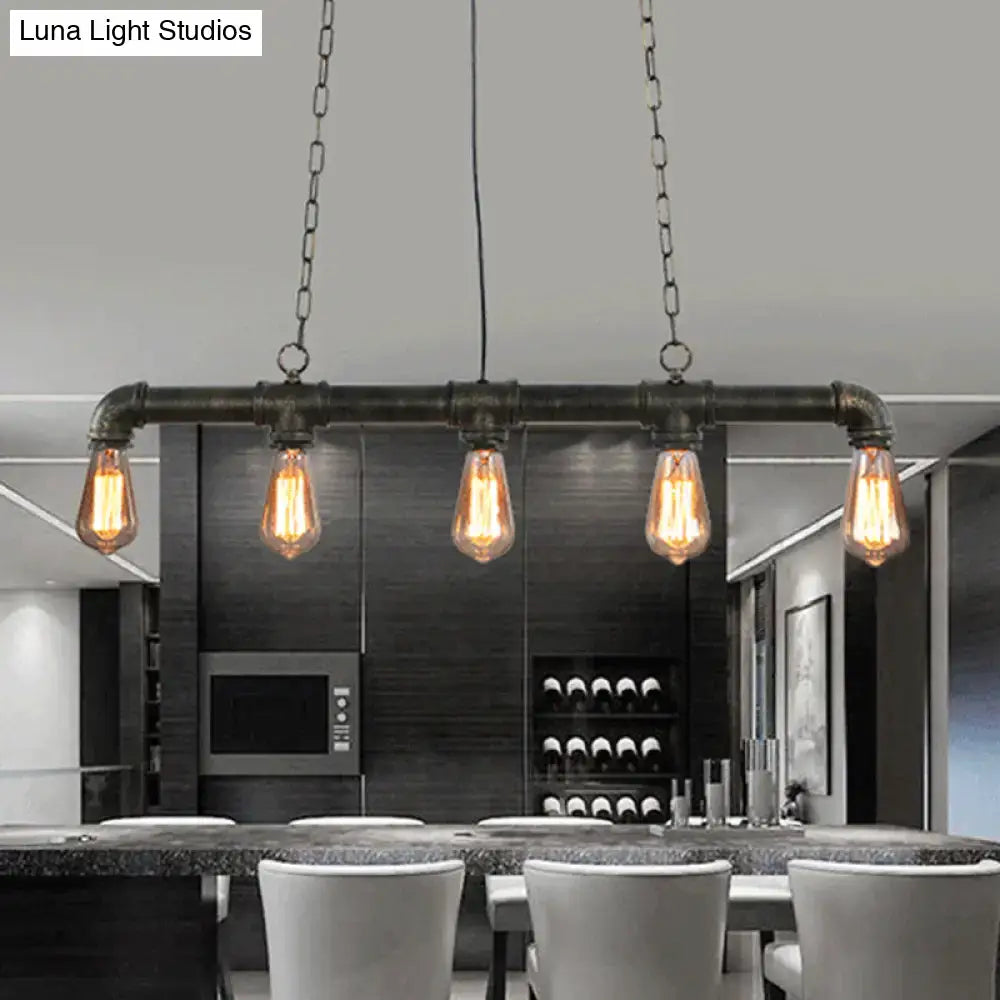 Decorbites™ steampunk island pendant with 5 black metal lights featuring exposed e26 e27 led incandescent bulbs for dining room