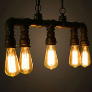 Decorbites™ steampunk black metal water pipe pendant light with five glowing edison bulbs for dining room