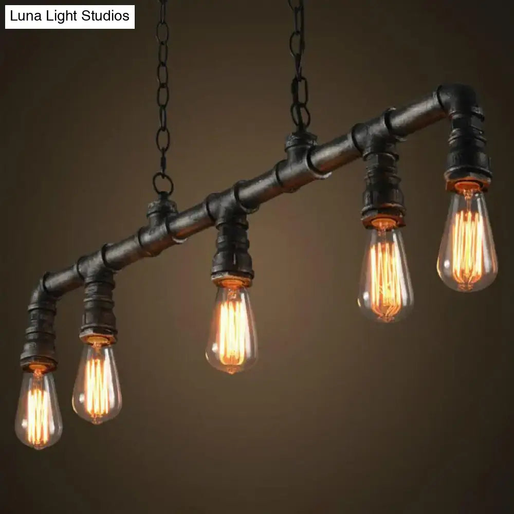 DecorBites steampunk metal black water pipe pendant light with four glowing filament bulbs ideal for dining room